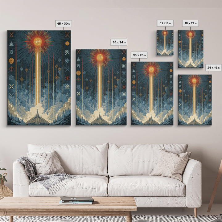 Mystic Rocket Launch Wall Art, Midcentury Modern Space Poster, Celestial Sunburst Landscape, Retro Sci Fi Office Decor Print