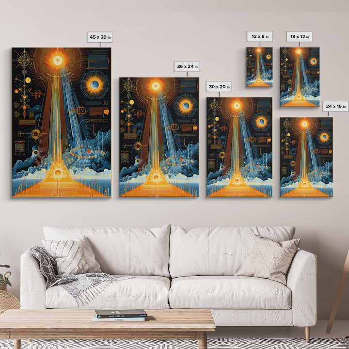 Illuminated Cosmic Diagram Framed Canvas Print, Midcentury Modern Abstract Space Art, Retro Sci Fi Wall Decor, MCM Poster