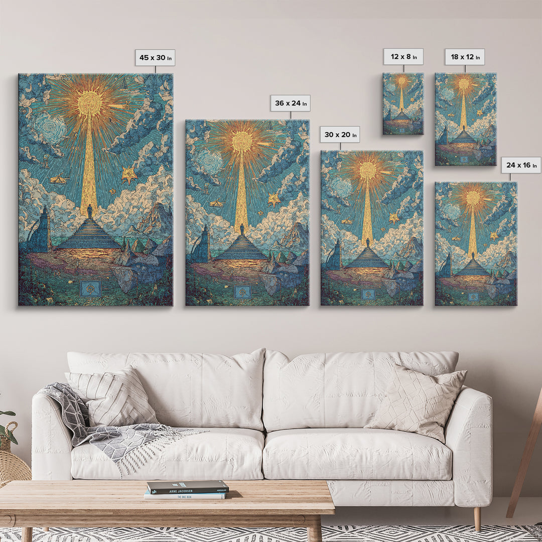 Stairway To Radiant Sun Wall Art, Modern Celestial Landscape Poster, Blue Cloud Fantasy Print, Spiritual Home Office Decor