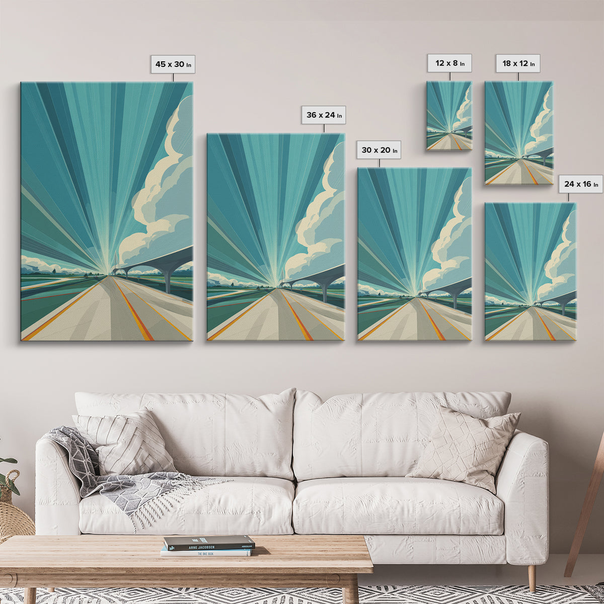 Futuristic Highway Light Rays Wall Art, Retro Modern Poster, Architectural Art, Travel Wall Art, Blue Geometric Office Decor