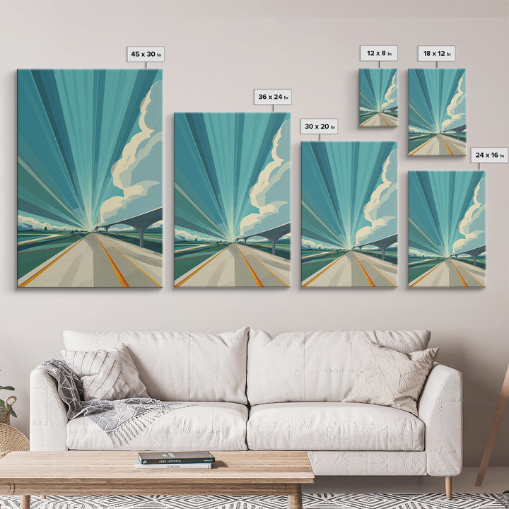 Futuristic Highway Light Rays Wall Art, Retro Modern Poster, Architectural Art, Travel Wall Art, Blue Geometric Office Decor