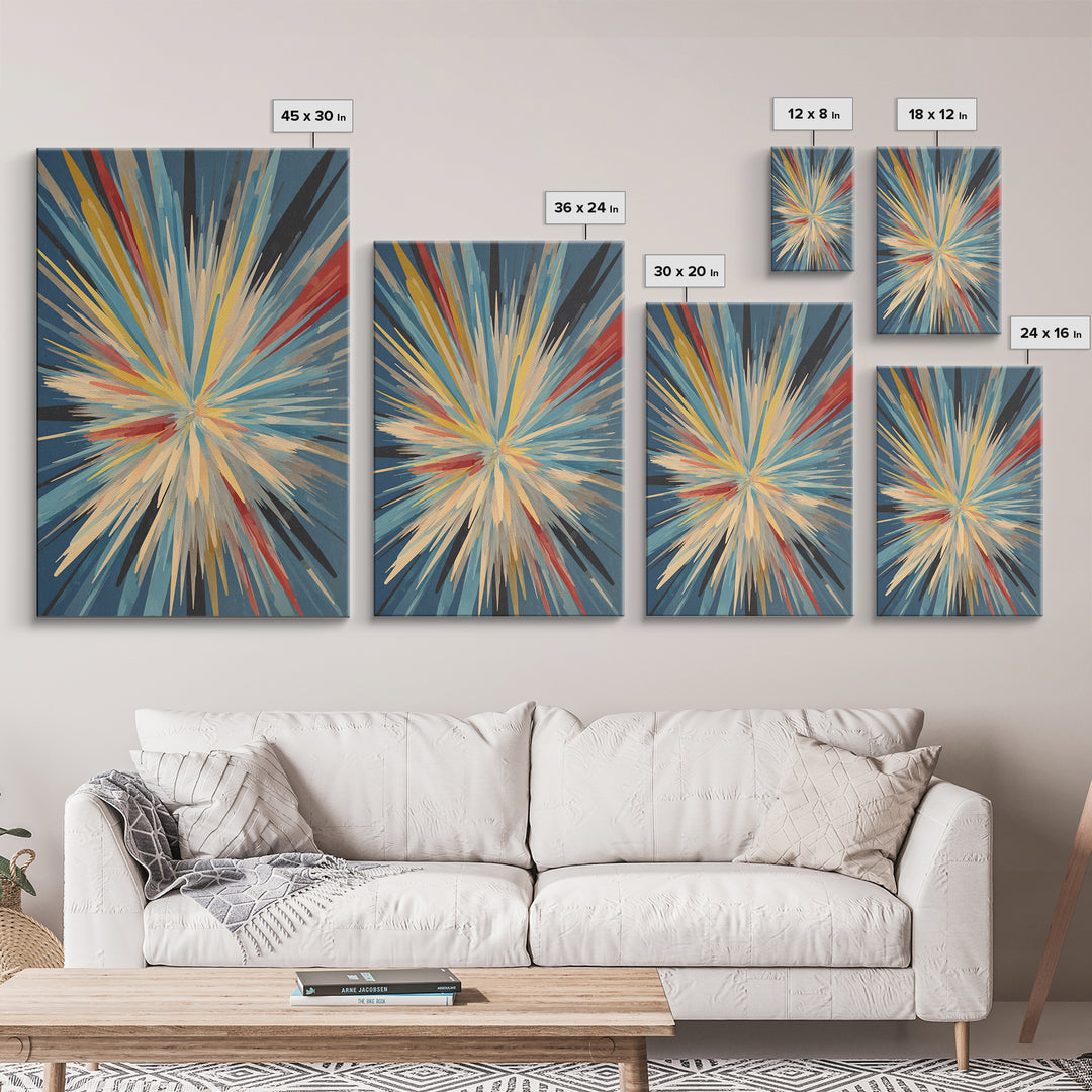Exploding Abstract Starburst Canvas Print, Modern Wall Art, Colorful Geometric Poster, Blue Red Yellow Midcentury Decor Gift