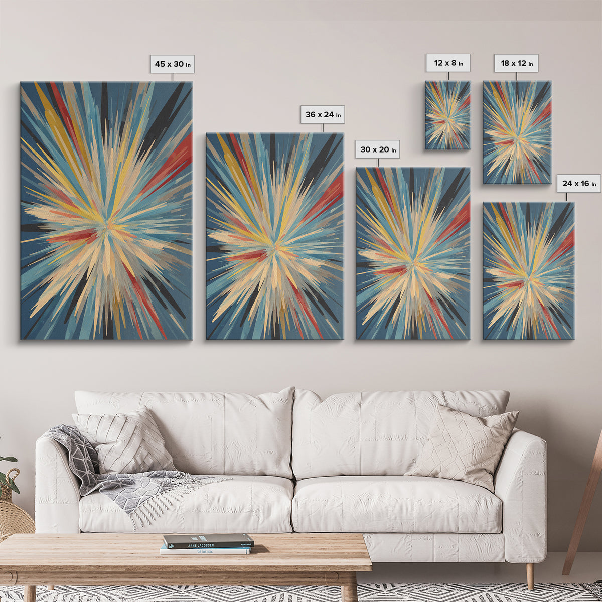 Exploding Abstract Starburst Canvas Print, Modern Wall Art, Colorful Geometric Poster, Blue Red Yellow Midcentury Decor Gift