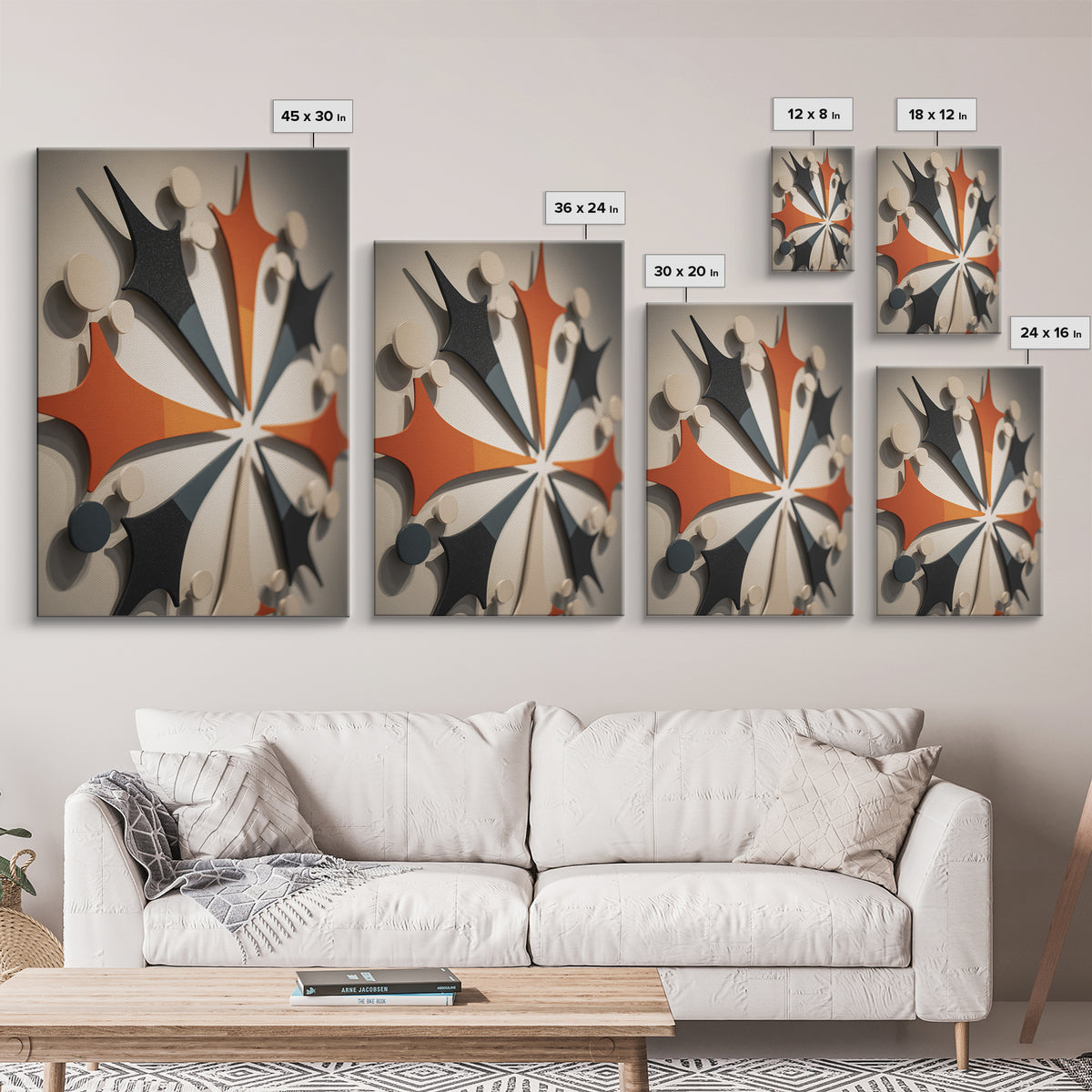 Orange Black Atomic Boomerang Wall Art, Midcentury Modern Decor, Geometric Retro Sculpture Canvas Print, MCM Gallery Poster