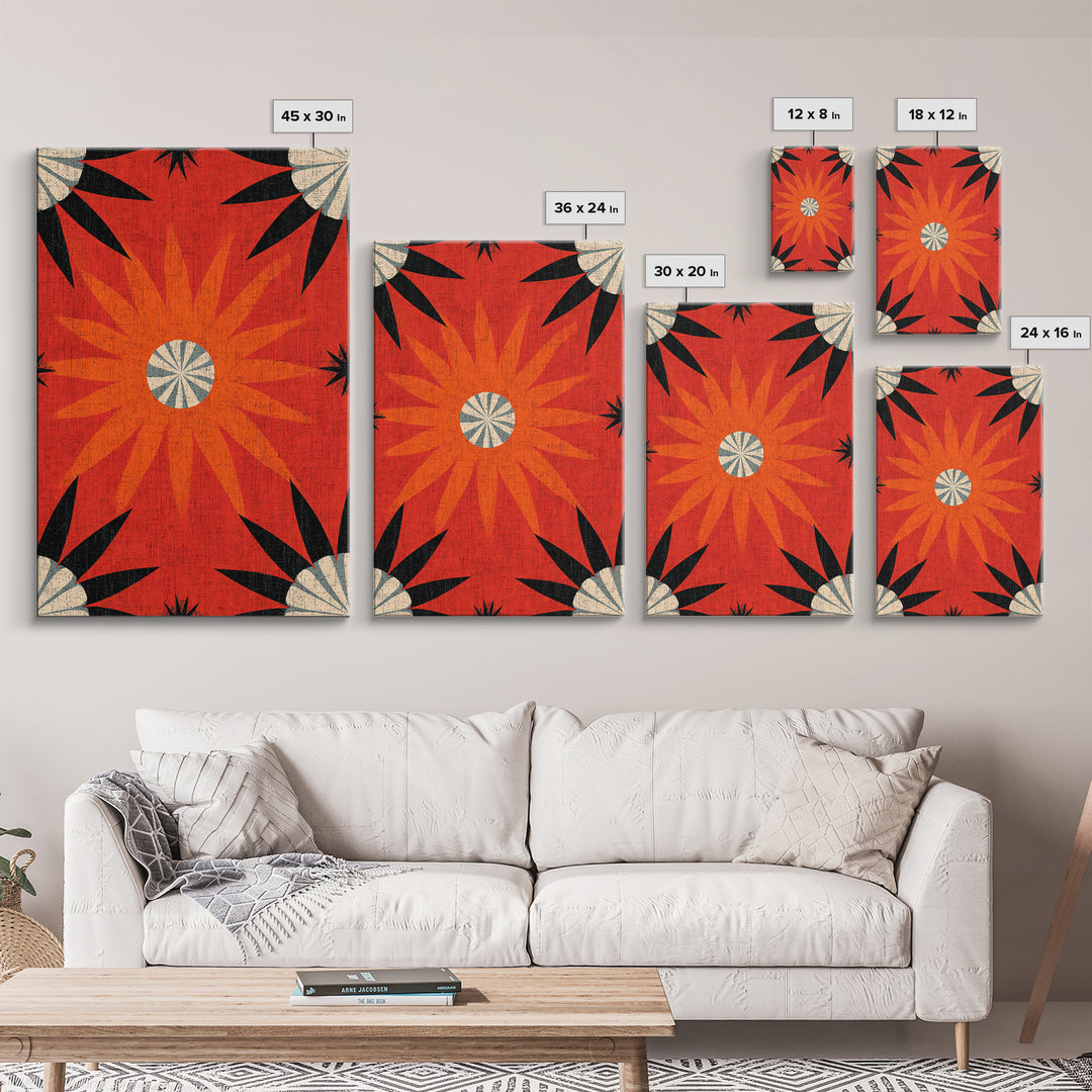 Orange Atomic Sunburst Pattern Wall Art, Midcentury Modern Print, Retro 70s Decor, Geometric Textile Style Bold MCM Poster