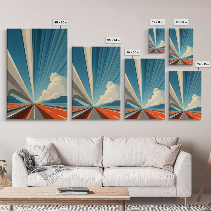 Orange Coastal Highway Perspective Canvas Print, Retro Modern Poster, Architectural Art, Blue Wall Art, Travel Office Decor