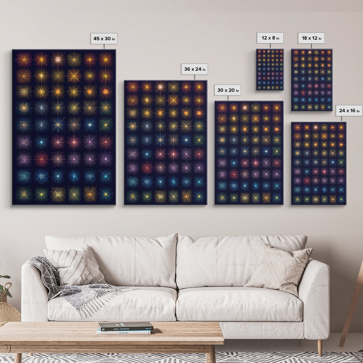 Glowing Starburst Fireworks Grid Wall Art, Midcentury Modern Art Print, Atomic Retro Poster, Dark Navy Living Room Decor