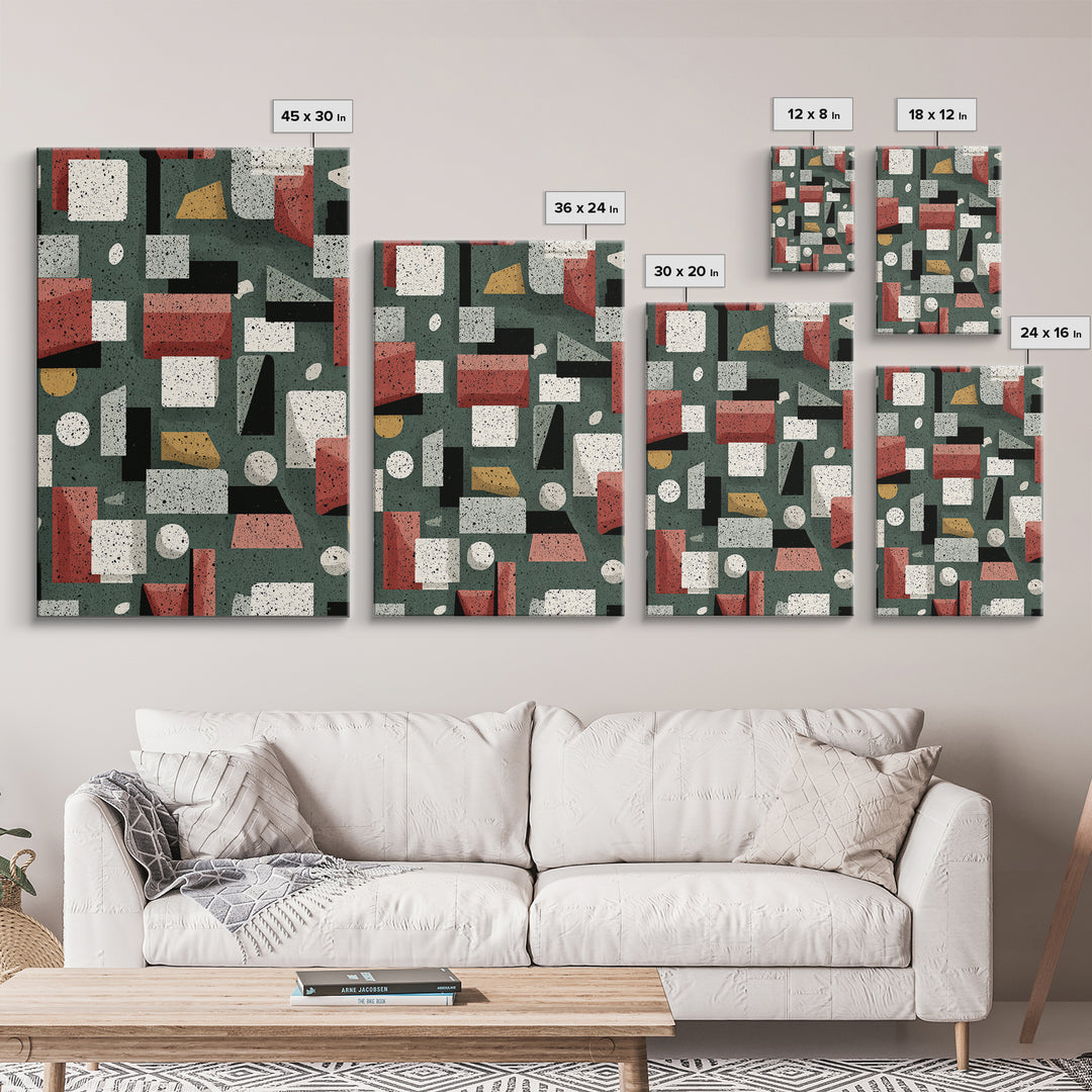 Sage Red Black Geometric Blocks Canvas Print, Midcentury Modern Abstract Art, Bauhaus Retro Office And Living Room Decor