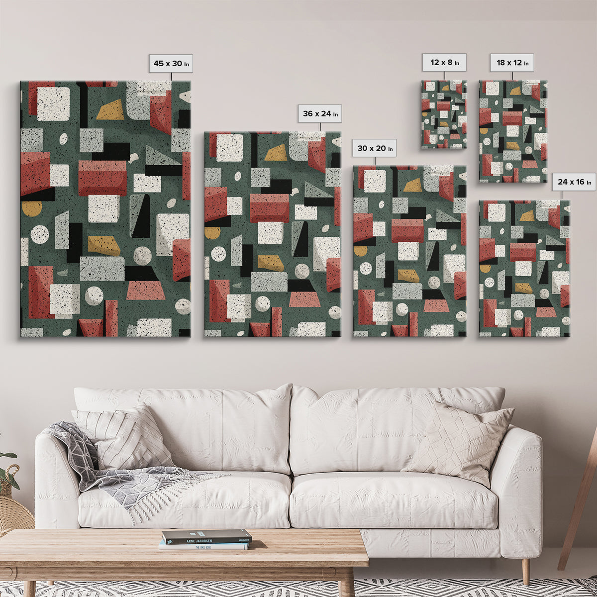 Sage Red Black Geometric Blocks Canvas Print, Midcentury Modern Abstract Art, Bauhaus Retro Office And Living Room Decor