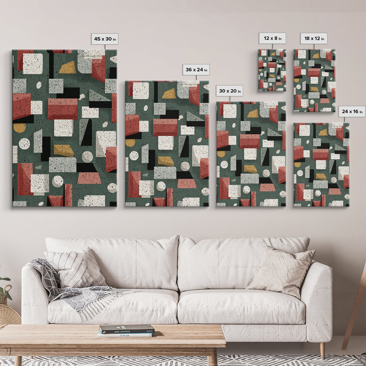 Sage Red Black Geometric Blocks Canvas Print, Midcentury Modern Abstract Art, Bauhaus Retro Office And Living Room Decor