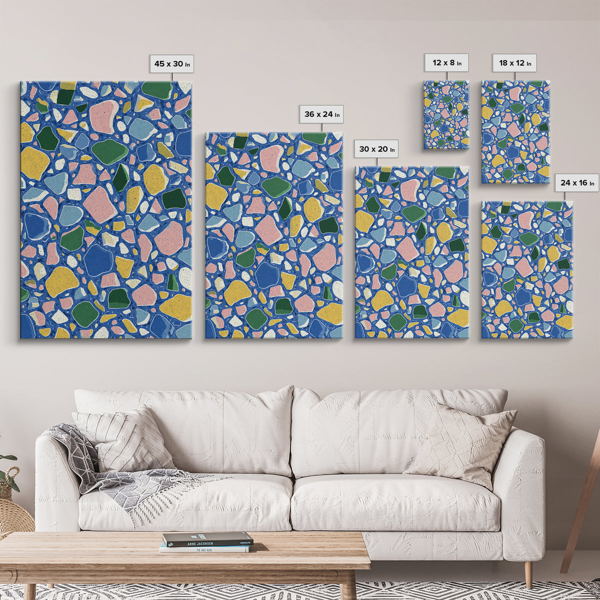 Blue Pebble Terrazzo Mosaic Pattern Canvas Print, Midcentury Modern Wall Art, Colorful Abstract Geometric Home Decor Poster Gift