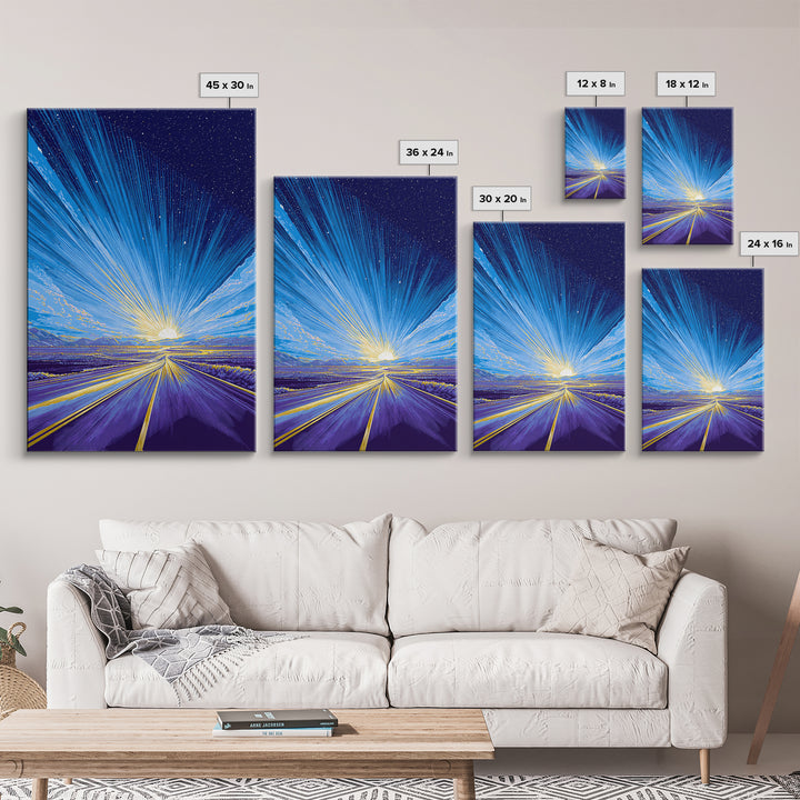 Radiant Starry Sunrise Road Wall Art, Modern Digital Art, Retro Sci Fi Poster, Blue Landscape Print, Large Living Room Decor
