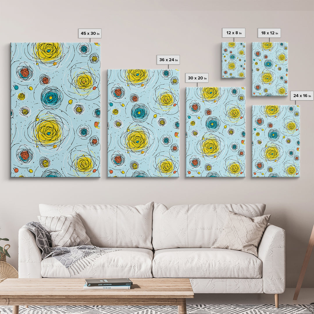 Scribble Spiral Circles On Sky Blue Wall Art, Midcentury Modern Abstract Print, Playful Colorful Geometric Office Home Decor