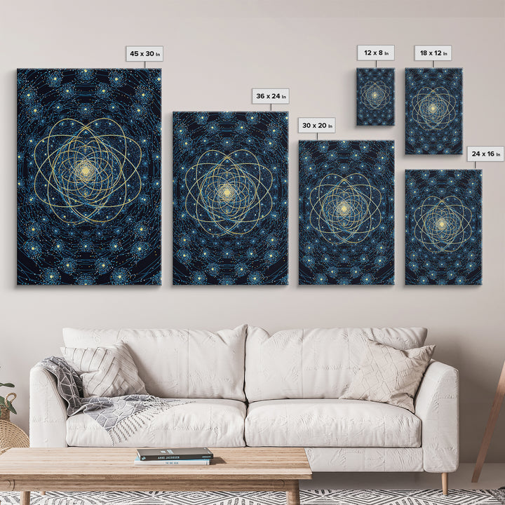 Blue Gold Cosmic Atom Mandala Wall Art, Midcentury Modern Art, Space Abstract Art, Geometric Wall Decor For Home Office, MCM Print