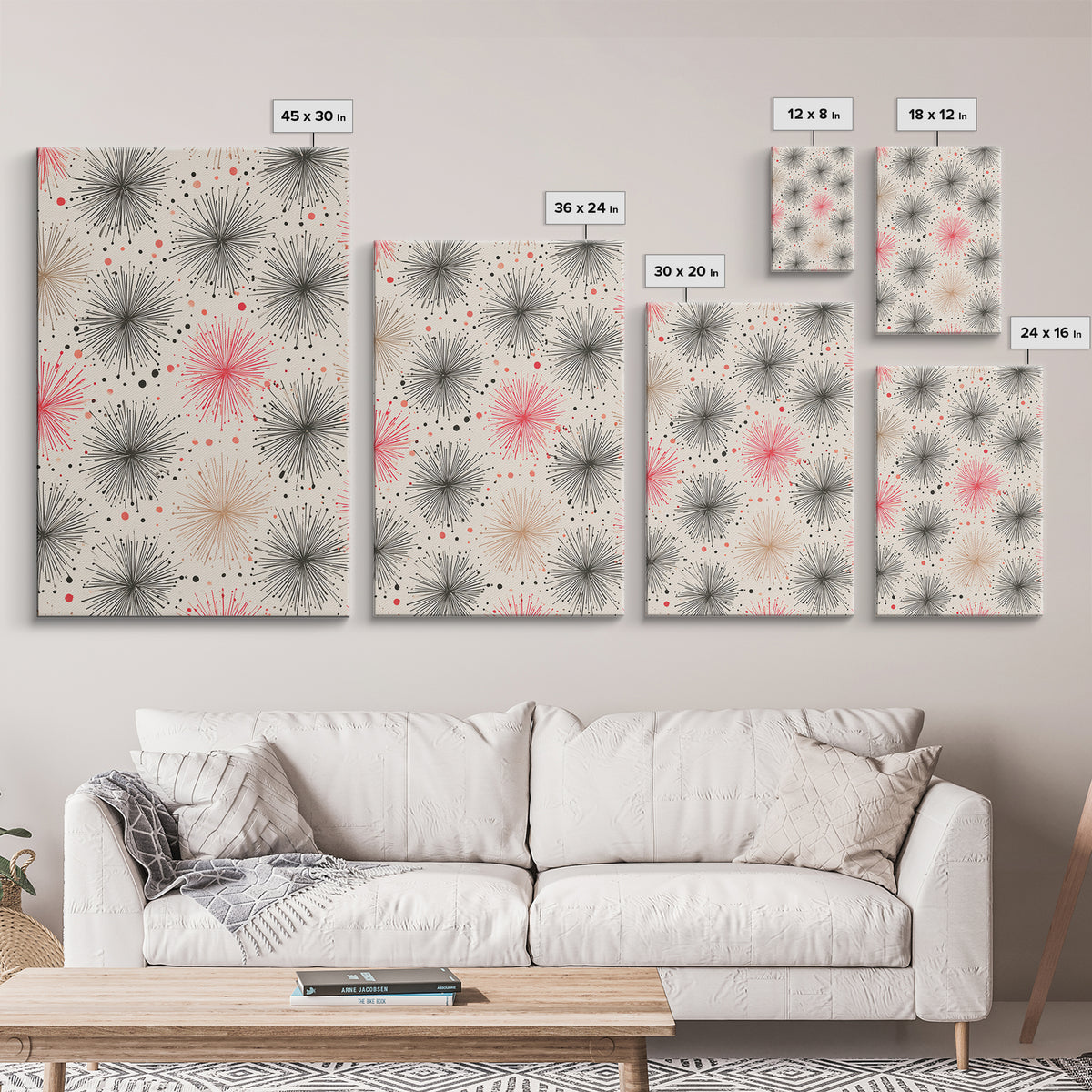 Pink Gray Atomic Starburst Pattern Canvas Print, Midcentury Modern Art, Retro Wall Art, Minimalist Nursery Decor, MCM Gift