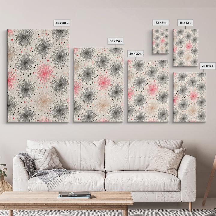 Pink Gray Atomic Starburst Pattern Canvas Print, Midcentury Modern Art, Retro Wall Art, Minimalist Nursery Decor, MCM Gift
