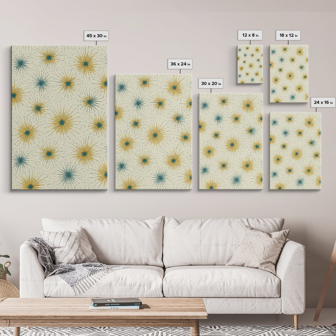 Mustard Teal Atomic Starburst Canvas Print, Midcentury Modern Art, Retro Geometric Wall Art, Scandinavian MCM Decor Gift