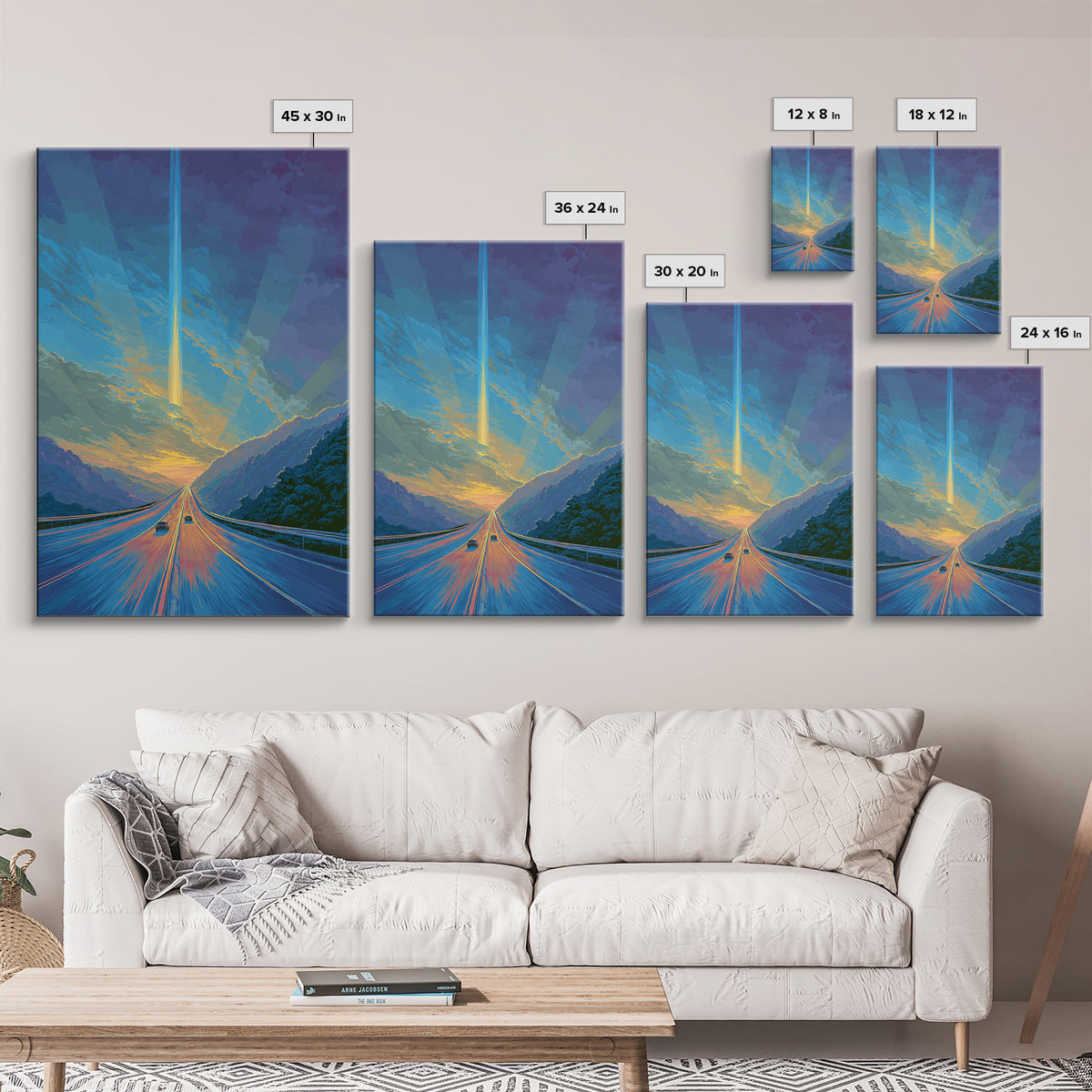 Mountain Highway Sunset Beam Canvas Print, Scenic Travel Wall Art, Modern Digital Art, Blue Orange Landscape Office Decor