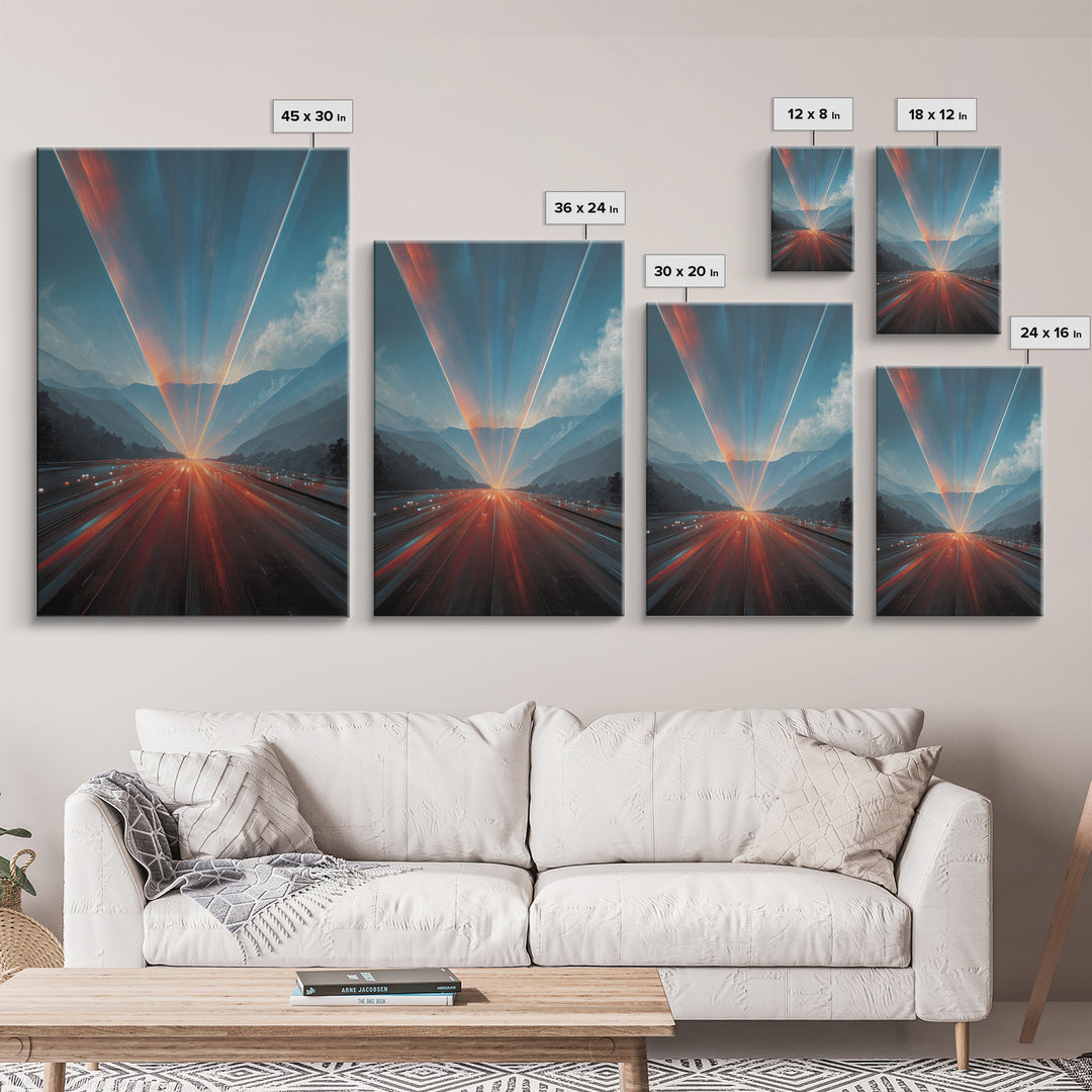 Sunrise Mountain Freeway Light Trails Wall Art, Modern Abstract Art, Scenic Travel Poster, Blue Orange Office Decor Print