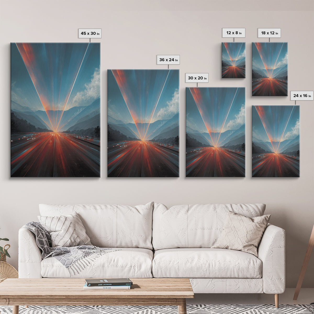 Sunrise Mountain Freeway Light Trails Wall Art, Modern Abstract Art, Scenic Travel Poster, Blue Orange Office Decor Print