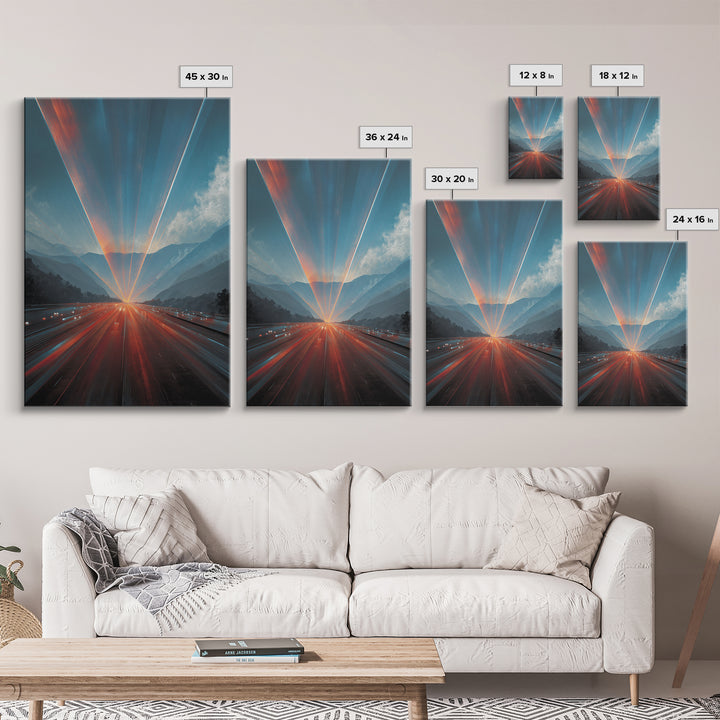 Sunrise Mountain Freeway Light Trails Wall Art, Modern Abstract Art, Scenic Travel Poster, Blue Orange Office Decor Print
