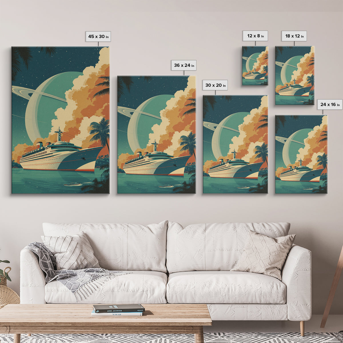 Tropical Cruise Ship Under Saturn Sky Framed Canvas Print, Mid Century Modern Art, Retro Travel Poster, Palm Tree Decor Print