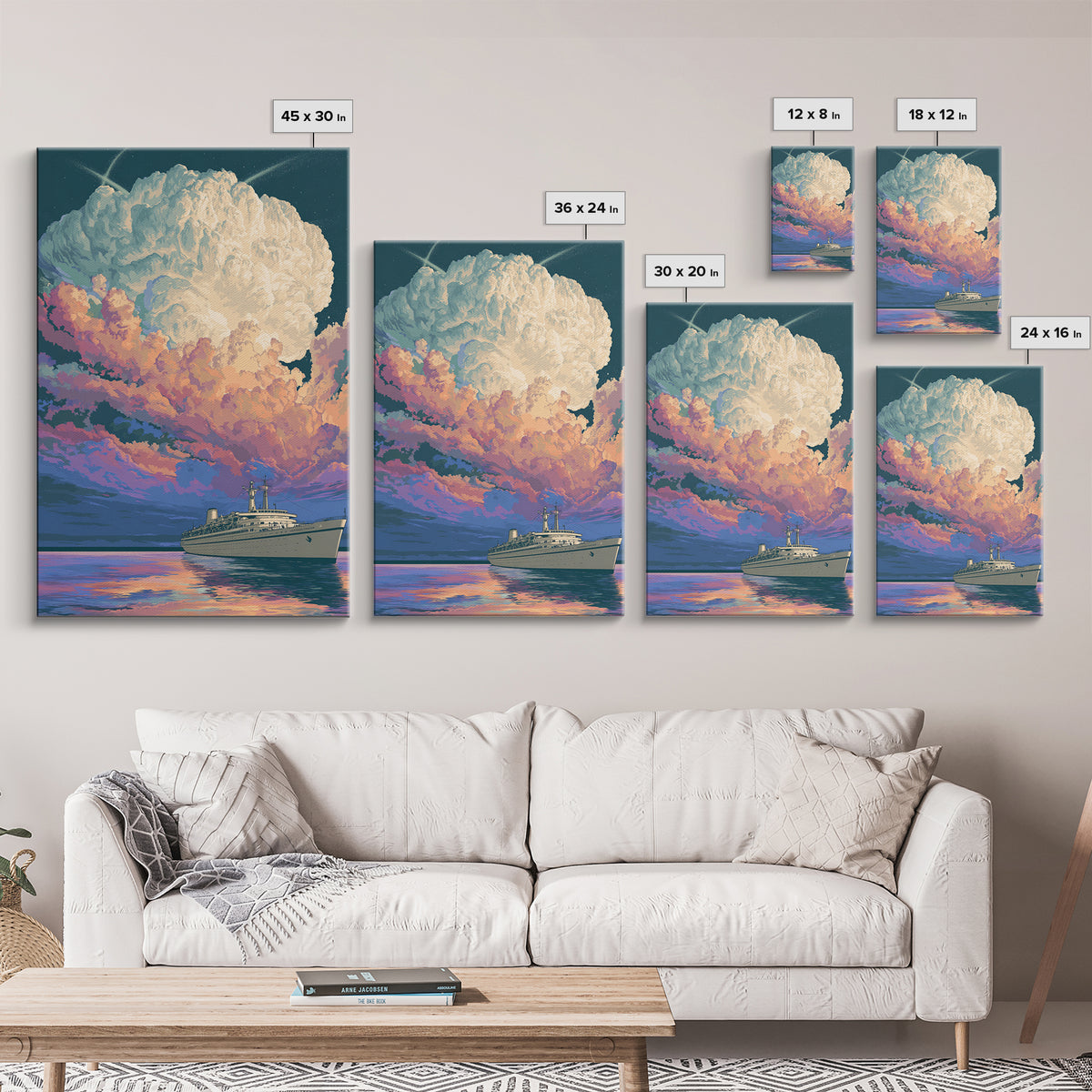 Ocean Liner Under Pastel Cloudscape Wall Art, Modern Art Print, Scenic Sunset Poster, Coastal Home Decor, Living Room Art