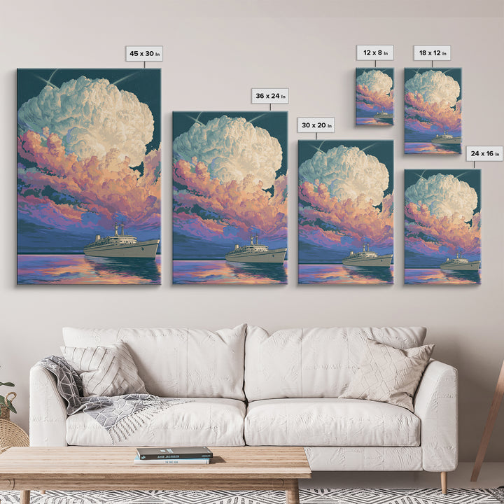 Ocean Liner Under Pastel Cloudscape Wall Art, Modern Art Print, Scenic Sunset Poster, Coastal Home Decor, Living Room Art