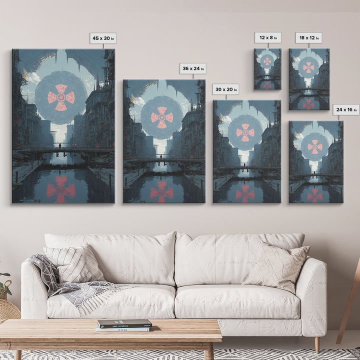 Dystopian Canal City With Giant Orb Wall Art, Modern Sci Fi Poster, Futuristic Cityscape Print, Industrial Home Decor Art