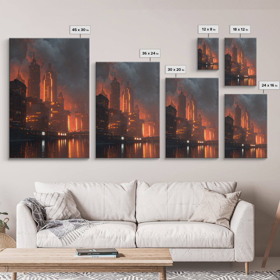 Burning Neon Futuristic Skyline Framed Canvas Print, Modern Wall Art, Dark Sci Fi City Poster, Orange Black Industrial Decor