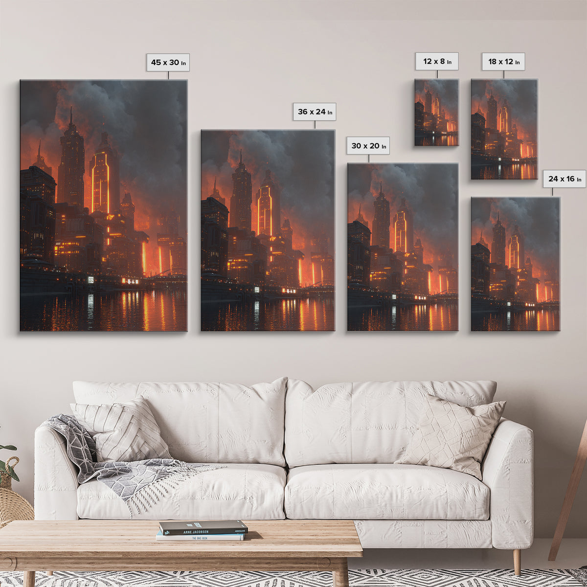 Burning Neon Futuristic Skyline Framed Canvas Print, Modern Wall Art, Dark Sci Fi City Poster, Orange Black Industrial Decor
