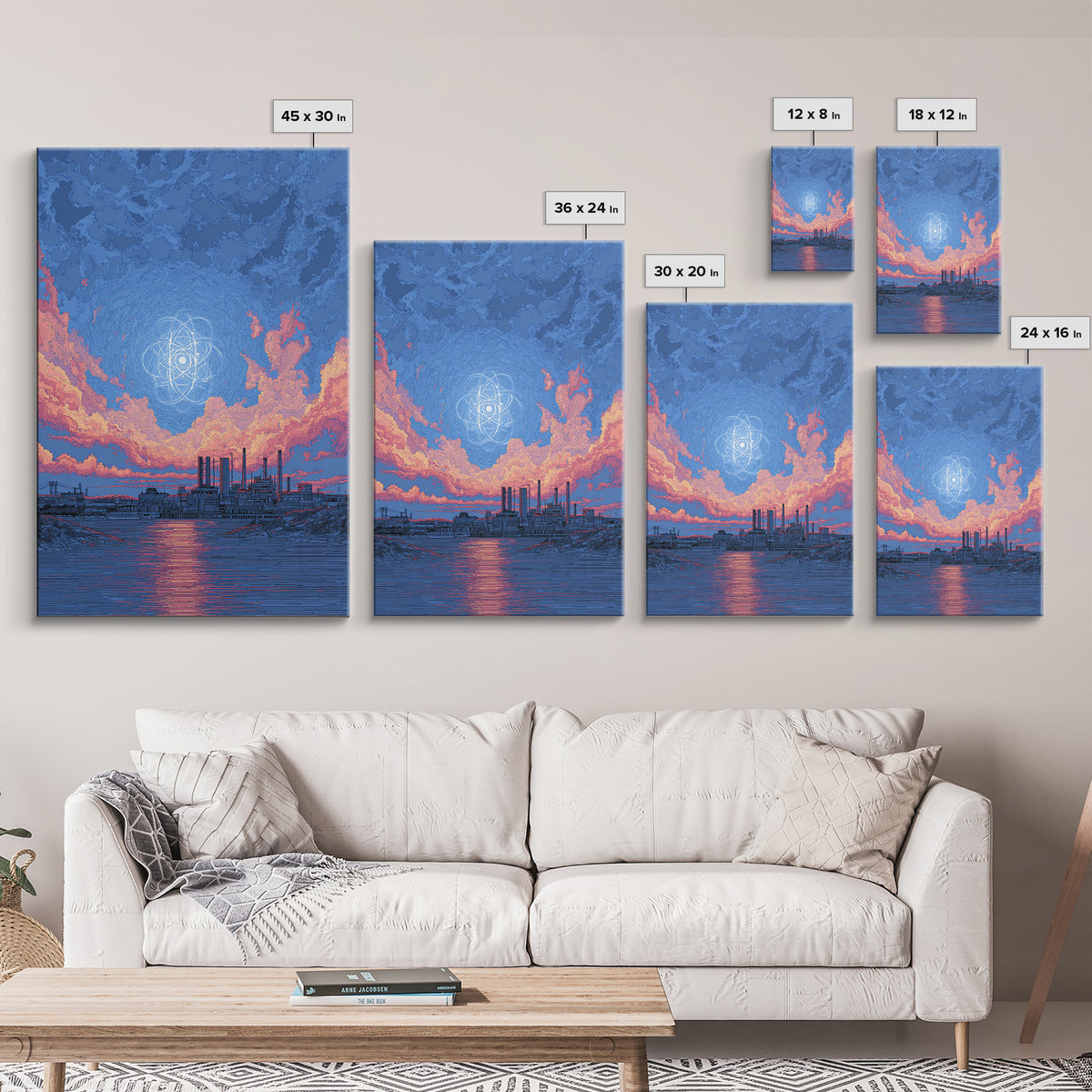 Industrial Waterfront With Atomic Pink Clouds Canvas Print, Mid Century Modern Wall Art, Retro Sci Fi Poster, Blue Wall Decor