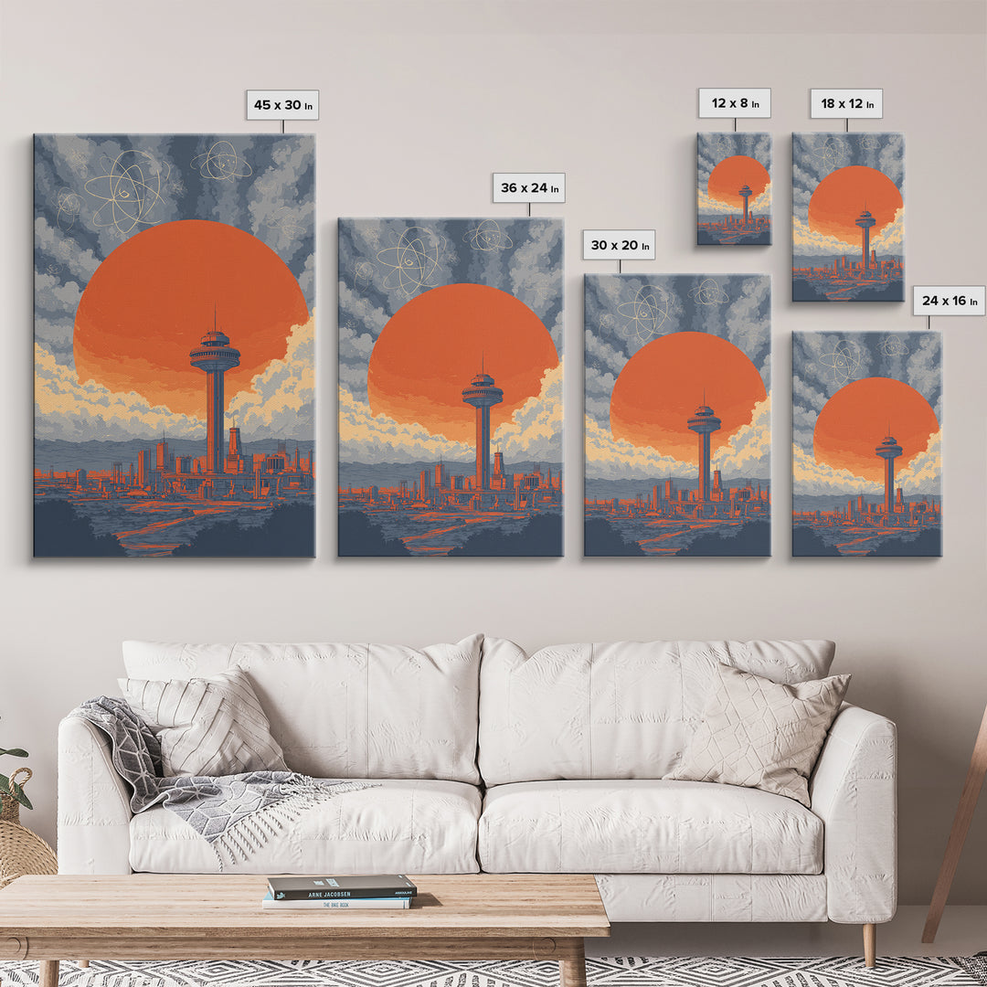 Space Needle Skyline With Orange Sun Wall Art, Mid Century Modern Print, Atomic Retro Poster, Seattle Inspired City Decor