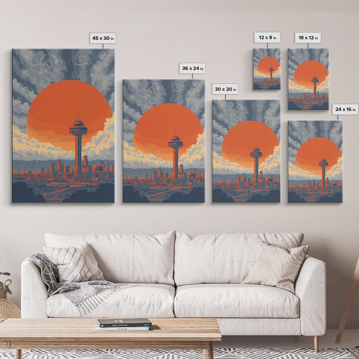 Space Needle Skyline With Orange Sun Wall Art, Mid Century Modern Print, Atomic Retro Poster, Seattle Inspired City Decor