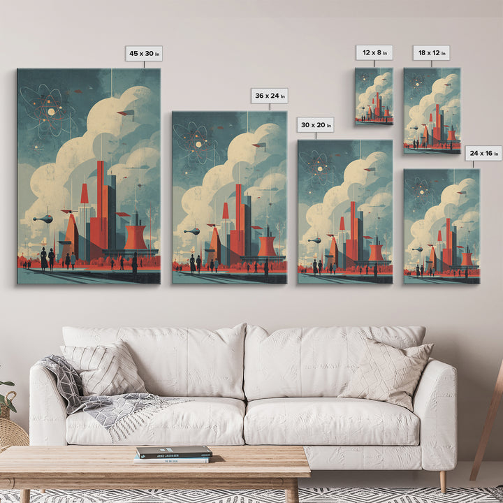 Retro Futuristic City With Red Towers Canvas Print, Mid Century Modern Wall Art, Atomic Sci Fi Poster, Geometric Home Decor
