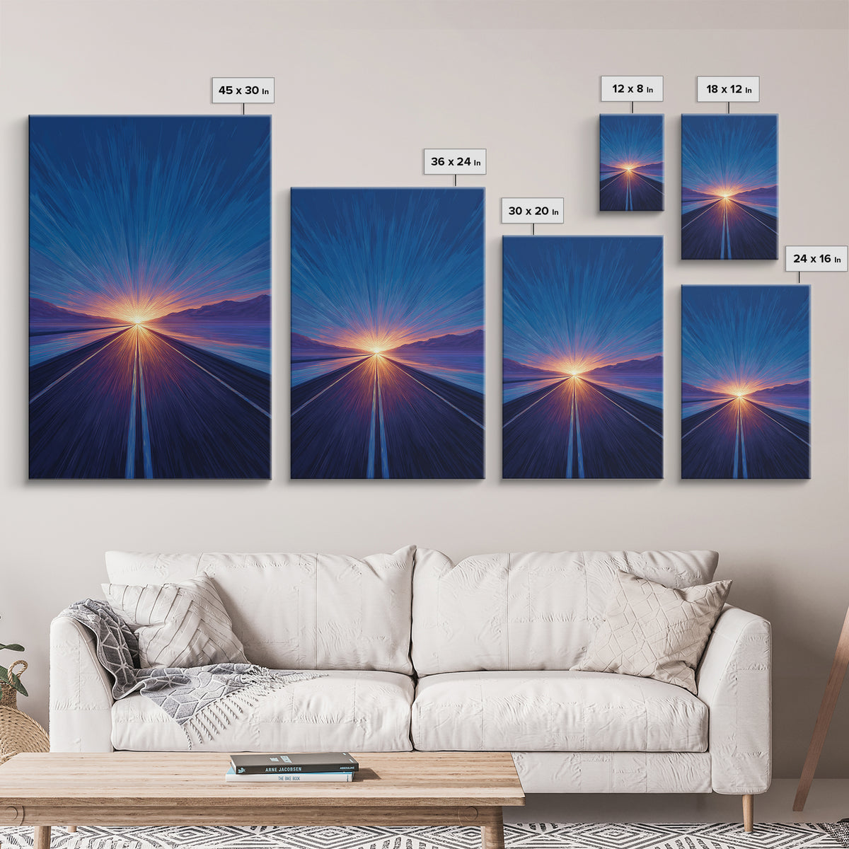 Blue Lakeside Sunset Road Canvas Print, Modern Wall Art, Scenic Travel Poster, Large Abstract Art, Bedroom Home Decor Gift