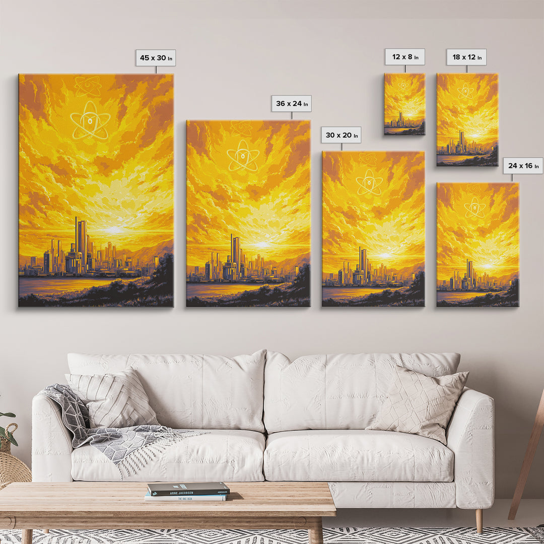 Golden Atomic Skyline At Sunset Framed Canvas Print, Mid Century Modern Wall Art, Yellow Poster, Retro Futuristic City Decor