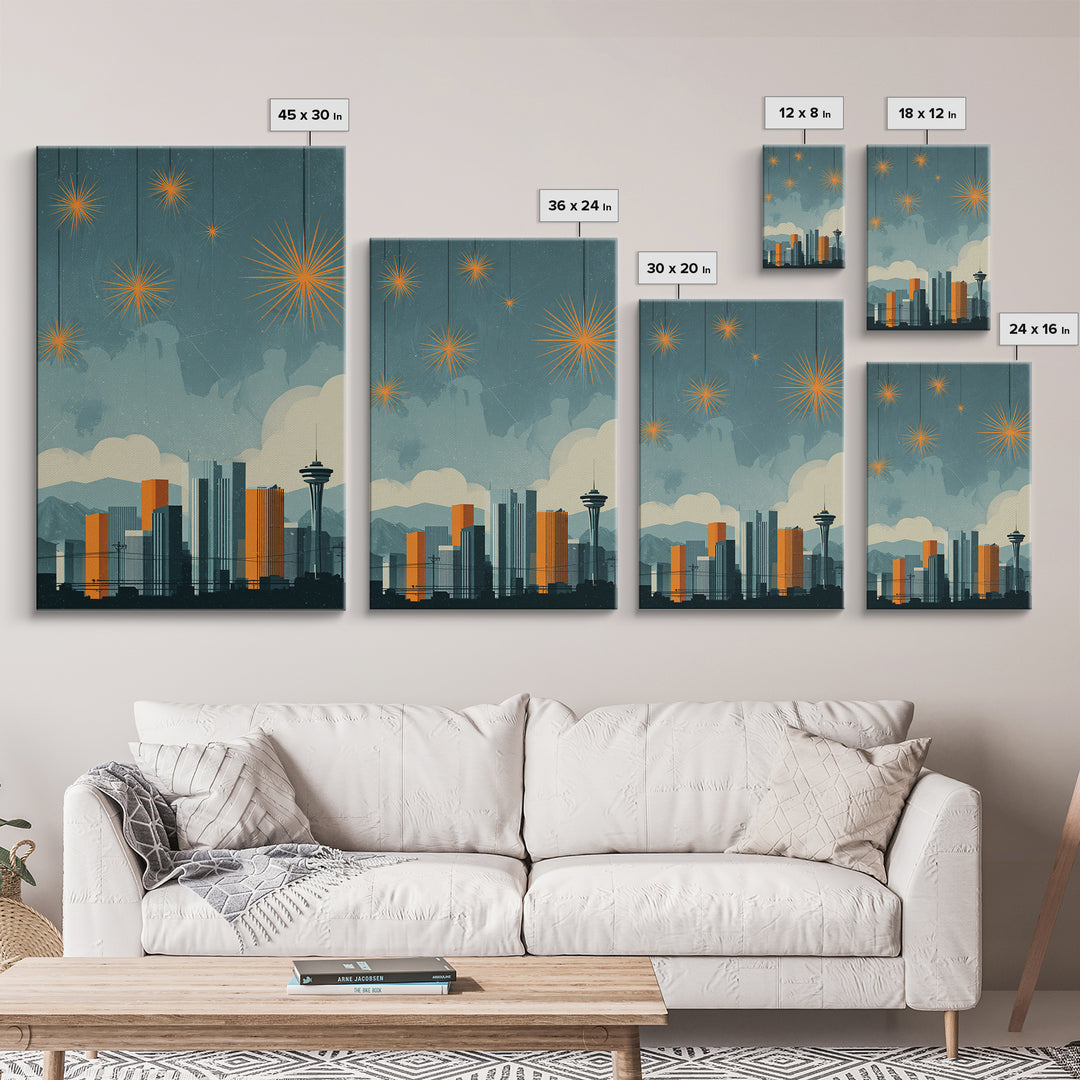 Seattle Skyline With Orange Starbursts Wall Art, Midcentury Modern Decor, Space Needle Print, Retro Cityscape Poster Home Decor