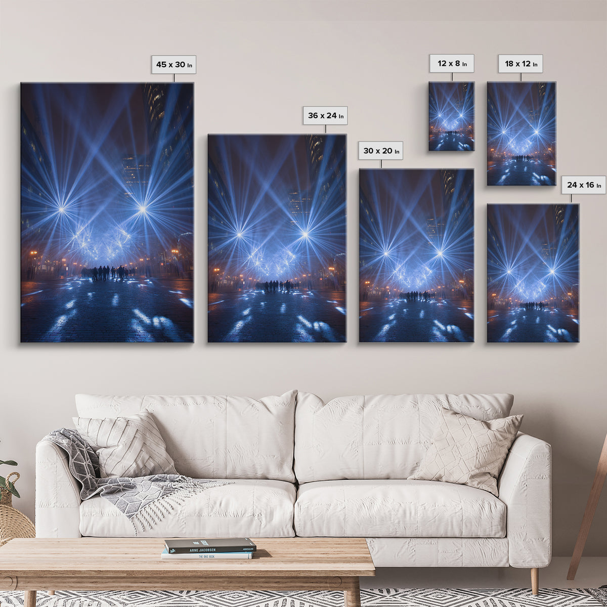 Rainy Night City Light Beams Wall Art, Modern Urban Photography Print, Blue Black Office Decor, Dramatic Skyline Poster Print