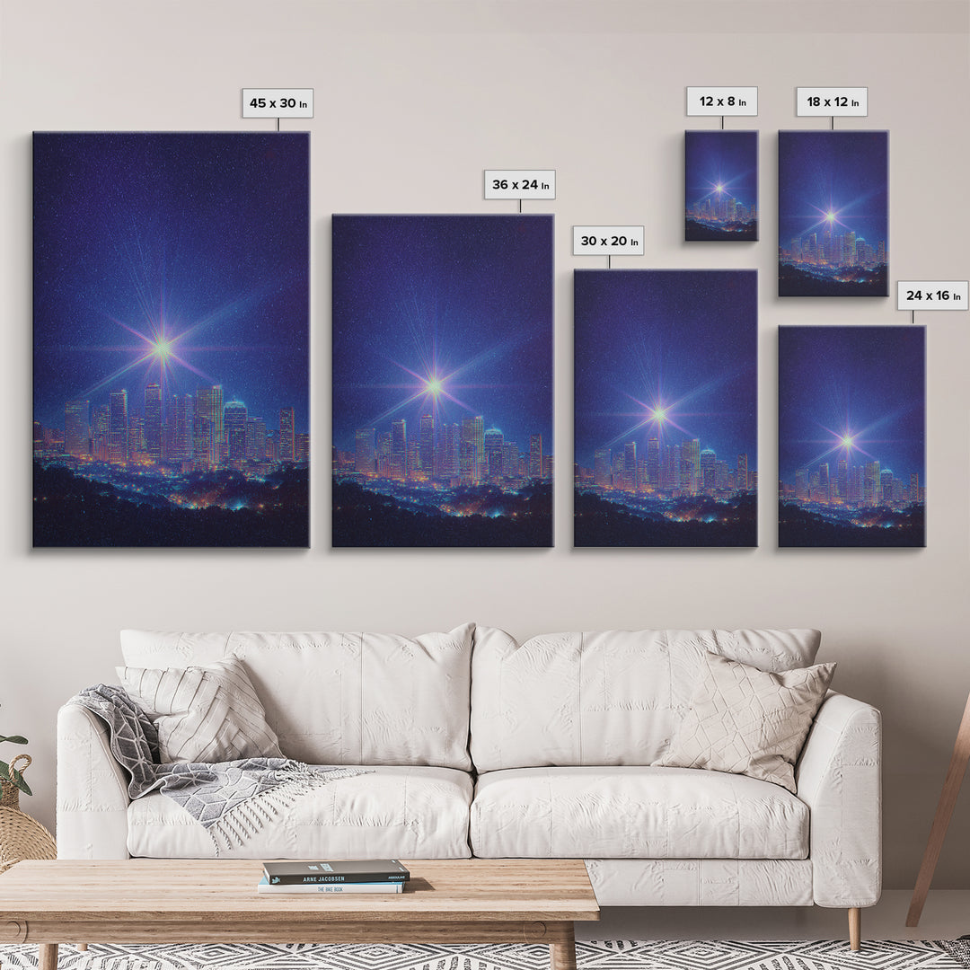 Bright Star Over Night Skyline Canvas Print, Modern Wall Art, Blue City Lights Poster, Space Abstract Art, Bedroom Decor Print