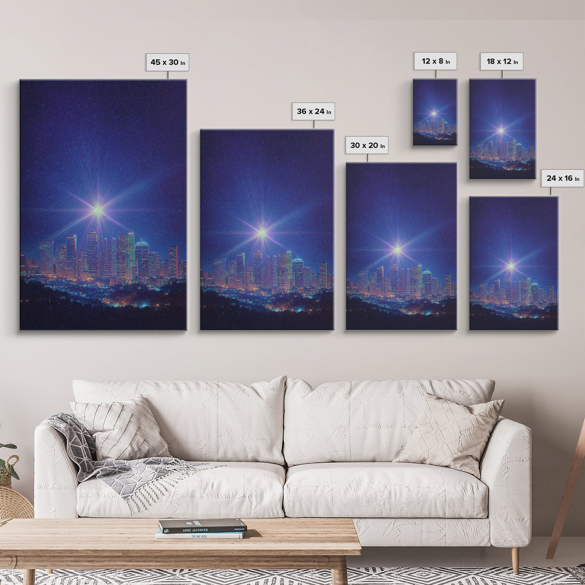 Bright Star Over Night Skyline Canvas Print, Modern Wall Art, Blue City Lights Poster, Space Abstract Art, Bedroom Decor Print