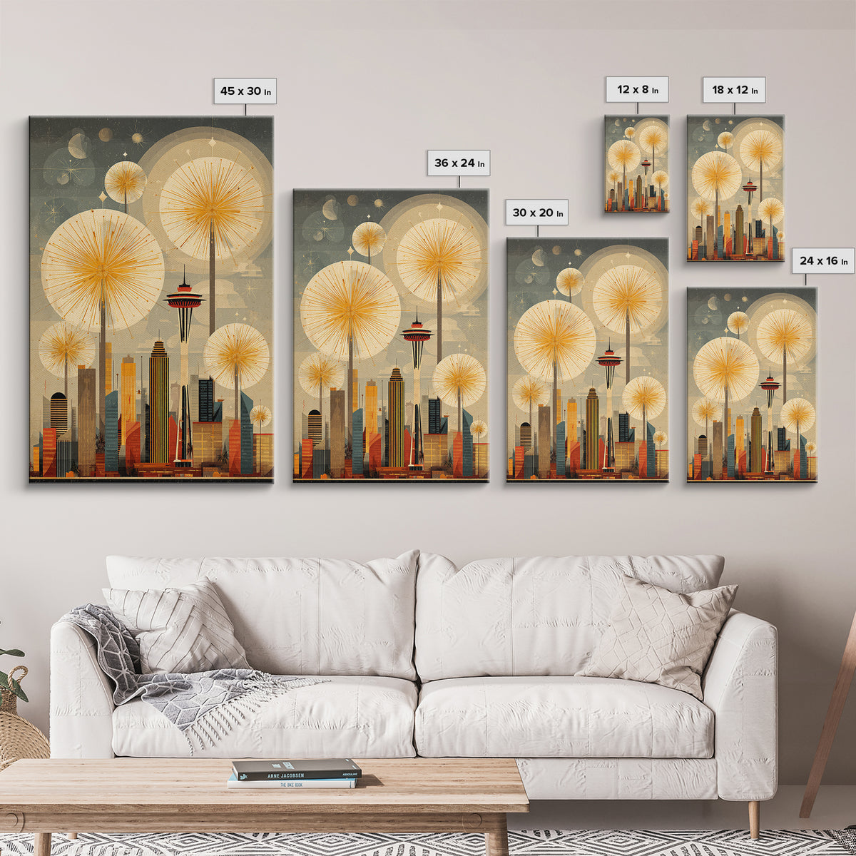 Seattle Space Needle Sunbursts Wall Art, Midcentury Modern Art, Retro City Skyline Poster, Atomic MCM Home Decor Print Gift