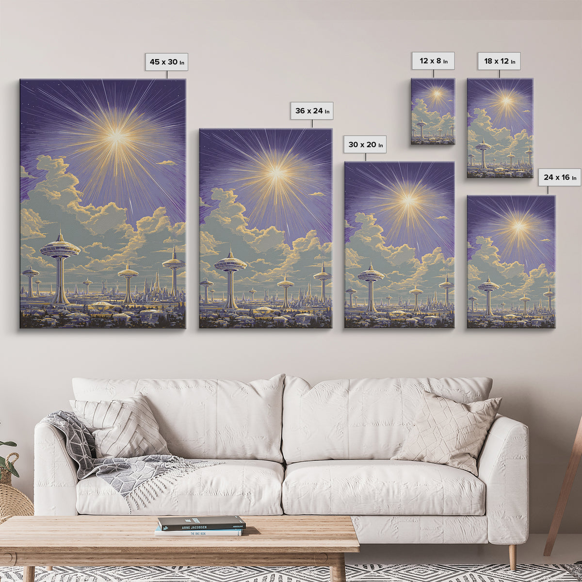 Futuristic Utopia City With Radiant Sun Canvas Print, Retro Sci Fi Wall Art, Space Age Skyline, Modern Home Decor Office Poster Print
