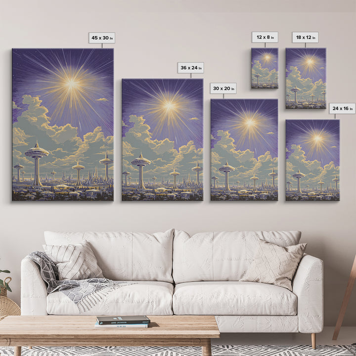 Futuristic Utopia City With Radiant Sun Canvas Print, Retro Sci Fi Wall Art, Space Age Skyline, Modern Home Decor Office Poster Print