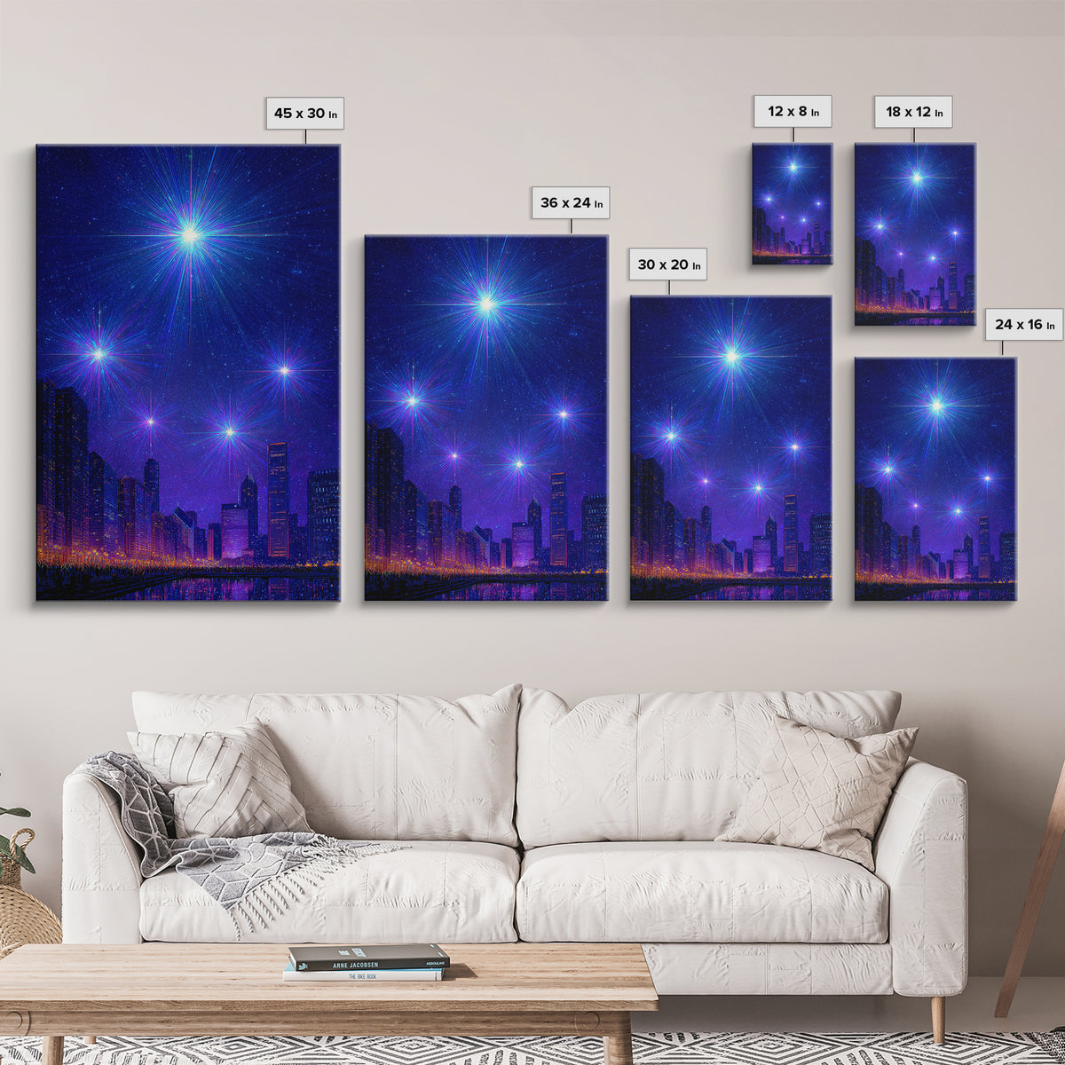 Blue Purple Starburst Night Skyline Wall Art, Modern Abstract Art, City Lights Poster, Space Digital Art, Home Office Decor