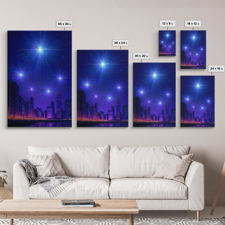 Blue Purple Starburst Night Skyline Wall Art, Modern Abstract Art, City Lights Poster, Space Digital Art, Home Office Decor