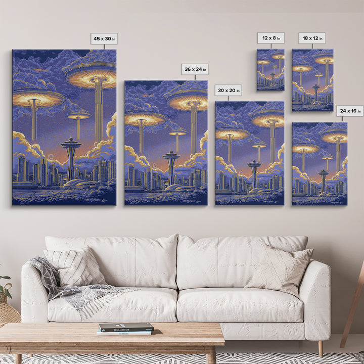 Floating Saucer Towers Above Skyline Framed Canvas Print, Retro Sci Fi Wall Art, Futuristic City Decor, Space Age Poster Print