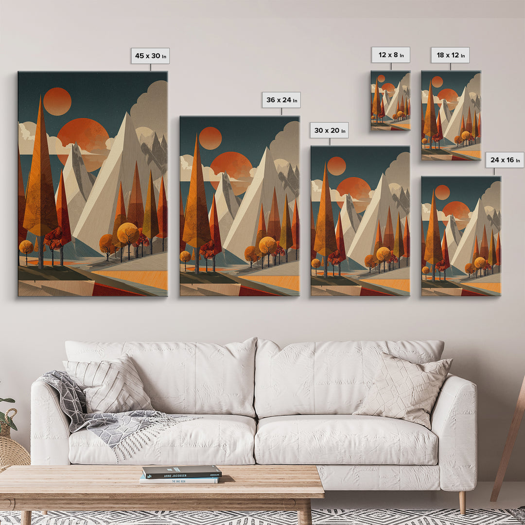 Orange Suns Alpine Peaks Wall Art, Midcentury Modern Mountain Print, Retro Geometric Landscape, MCM Cabin Decor For Living Room