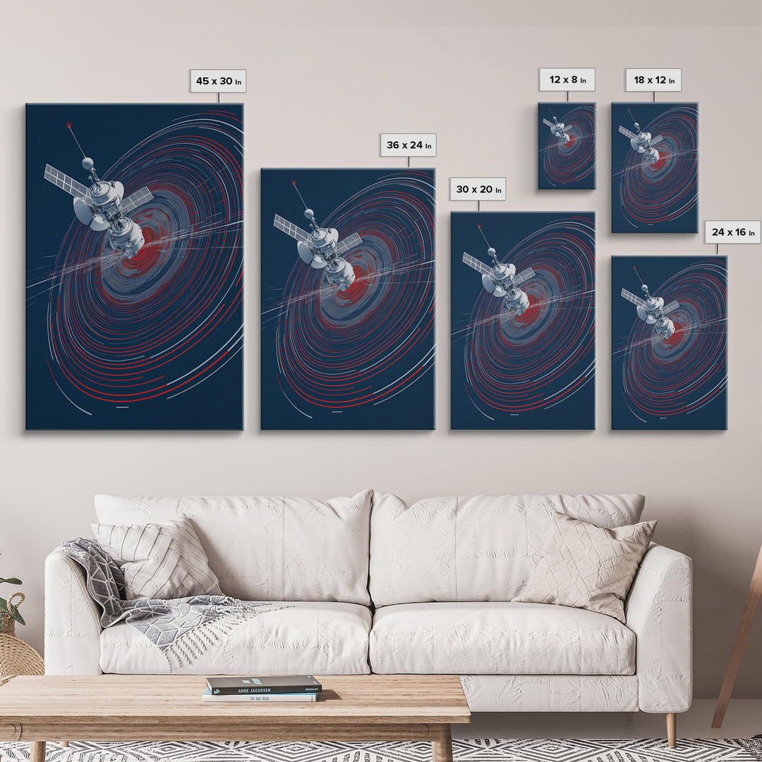 Orbiting Satellite With Red Signal Rings Wall Art, Modern Sci Fi Poster, Space Abstract Art Print, Futuristic Office Decor