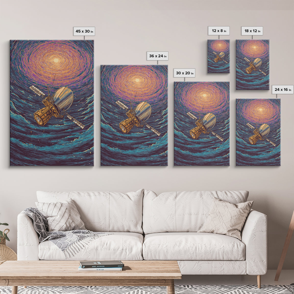 Golden Satellite In Starry Vortex Framed Canvas Print, Space Abstract Wall Art, Modern Sci Fi Poster, Cosmic Retro Decor